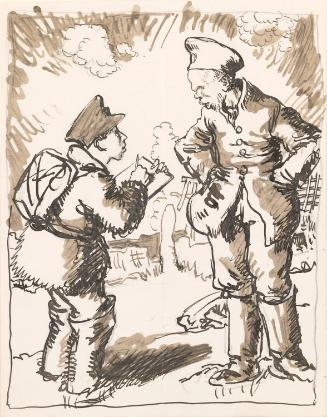 Illustrated letter from William Orpen to Mrs St George with a sketch of the artist and another soldier