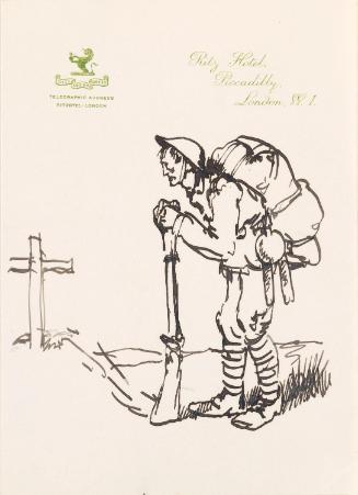 Sketch of a soldier standing at a grave