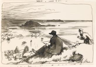 Cropped letter from William Orpen to Mrs St George with an illustration of the artist sketching at Howth, Co. Dublin