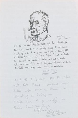 Illustrated letter from William Orpen to Mrs St George with a sketch of Marshal Foch