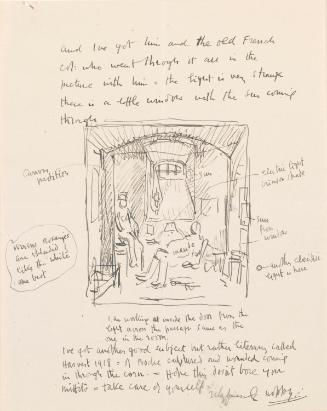 Illustrated letter from William Orpen to Mrs St George with a sketch of the painting 'In Their Cellar in Amiens'