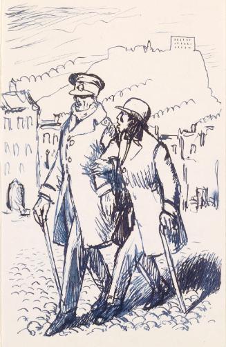 Illustrated letter from William Orpen to Mrs St George with a sketch of the artist walking with Mr Stiles
