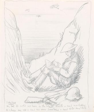 Illustrated letter from William Orpen to Mrs St George with a sketch of a soldier writing in a trench