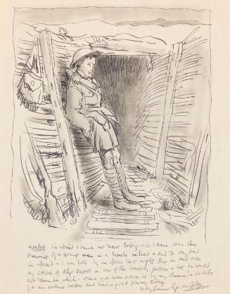 Illustrated letter from William Orpen to Mrs St George with a sketch of a soldier in a trench