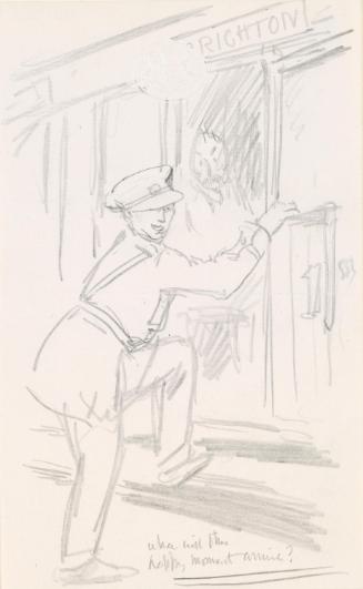 Illustrated letter from William Orpen to Mrs St George with a sketch of the artist boarding a train