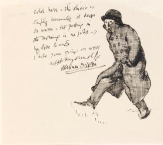 Cropped letter from William Orpen to Mrs St George with a sketch of the artist walking in the snow