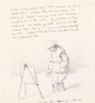 Cropped letter from William Orpen to Mrs St George with a sketch of the artist painting in the snow