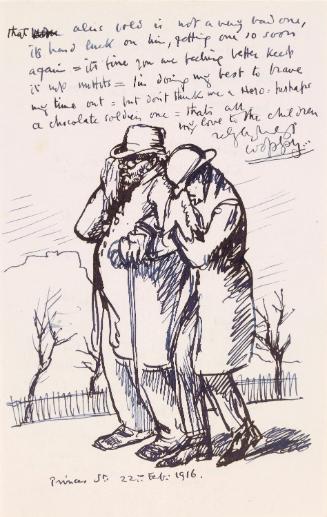 Illustrated letter from William Orpen to Mrs St George with a sketch of the artist walking with another man on the reverse