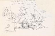Cropped letter from William Orpen to Mrs St George with a sketch of the artist in uniform writing a letter