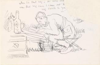 Cropped letter from William Orpen to Mrs St George with a sketch of the artist in uniform writing a letter
