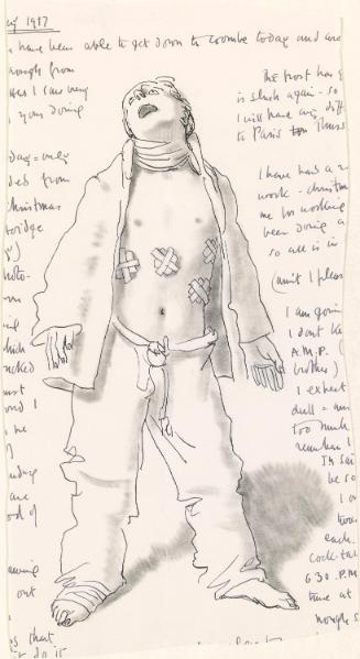 Cropped letter from William Orpen to Mrs St George with a sketch of the artist with bandages