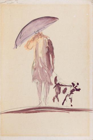 A Woman with an Umbrella, Walking her Dog